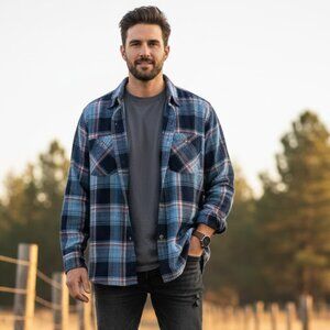 BTC Men's 2XLT Blue Plaid Flannel Western Workwear Shirt 100% Cotton Tall